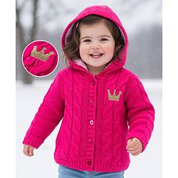 Babyhug Knit Full Sleeves Hooded Front Open Sweater with Cable Knit Design - Dark Pink