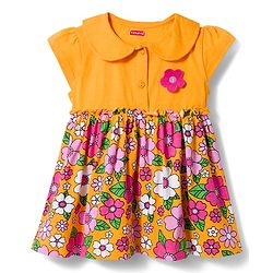 Babyhug Single Jersey Knit Half Sleeves Floral Printed Frock With Bloomer & Headband - Yellow