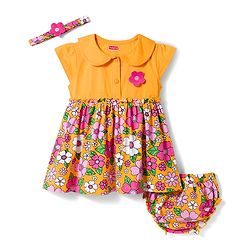 Babyhug Single Jersey Knit Half Sleeves Floral Printed Frock With Bloomer & Headband - Yellow