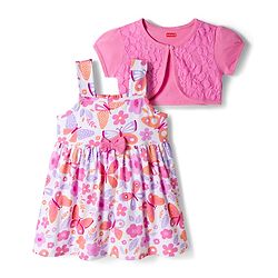 Babyhug Cotton Knit Half Sleeves Floral Printed Frock With Shrug - Pink