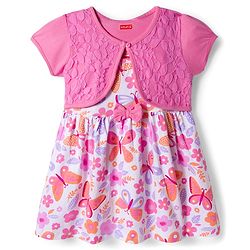 Babyhug Cotton Knit Half Sleeves Floral Printed Frock With Shrug - Pink