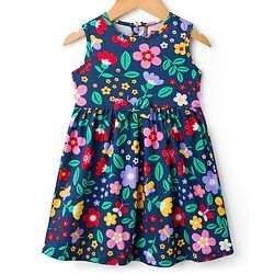 Babyhug Single Jersey Knit Frock & Half Sleeves Shrug With Floral Print & Bow Applique - Navy Blue & Pink