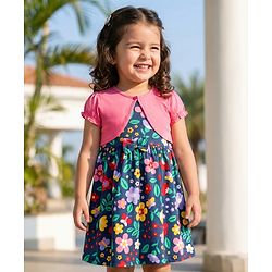 Babyhug Single Jersey Knit Frock & Half Sleeves Shrug With Floral Print & Bow Applique - Navy Blue & Pink