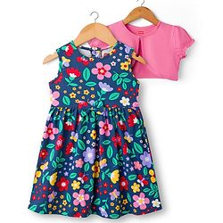 Babyhug Single Jersey Knit Frock & Half Sleeves Shrug With Floral Print & Bow Applique - Navy Blue & Pink