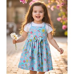 Babyhug Cotton Knit Half Sleeves Frock With Inner T-Shirt  with Floral Print with Bow Applique - Light Blue