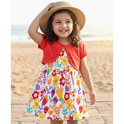 Babyhug Single Jersey Knit Frock & Half Sleeves Shrug With Floral Print - Dark Pink & White