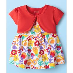 Babyhug Single Jersey Knit Frock & Half Sleeves Shrug With Floral Print - Dark Pink & White