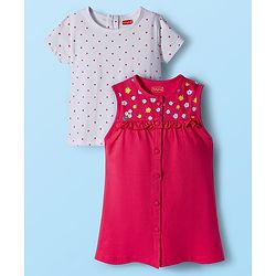 Babyhug Single Jersey Knit Floral Printed Frock With Inner Half Sleeves Tee - Red