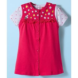 Babyhug Single Jersey Knit Floral Printed Frock With Inner Half Sleeves Tee - Red