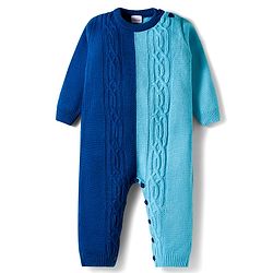 Babyhug Knit Full Sleeves Winter Wear Color Block Romper With Knit Design - Navy Blue & Light Blue