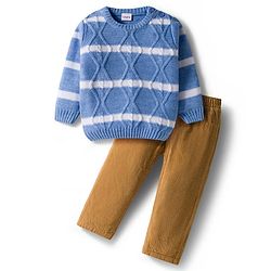 Babyhug Knitted Full Sleeves Smartfit Striped Cable Knit Design Pullover Sweater With Corduroy Pant - Blue