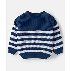 Babyhug Knitted Full Sleeves Striped Sweater Set With Cable Knit Design - Navy Blue