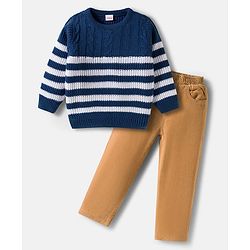 Babyhug Knitted Full Sleeves Striped Sweater Set With Cable Knit Design - Navy Blue