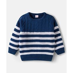 Babyhug Knitted Full Sleeves Striped Sweater Set With Cable Knit Design - Navy Blue