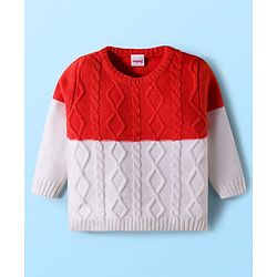 Babyhug Knitted Full Sleeves Sweater Set With Cable Knit Design - Red White & Navy Blue