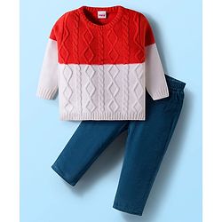 Babyhug Knitted Full Sleeves Sweater Set With Cable Knit Design - Red White & Navy Blue