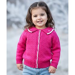Babyhug Knit Full Sleeves Front Open Sweater with Inner Fur Lining & Collar Detailing - Pink