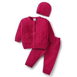 Babyhug Knit Full Sleeves Front Open Sweater Set with Bow Applique Cable Knit Design & Pocket Detailing with Cap - Fuchsia