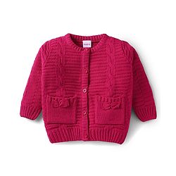 Babyhug Knit Full Sleeves Front Open Sweater Set with Bow Applique Cable Knit Design & Pocket Detailing with Cap - Fuchsia