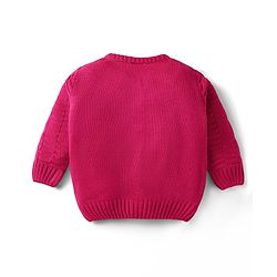 Babyhug Knit Full Sleeves Front Open Sweater Set with Bow Applique Cable Knit Design & Pocket Detailing with Cap - Fuchsia