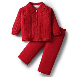 Babyhug Knit Full Sleeves Front Open Sweater Set with Schiffli Design - Red