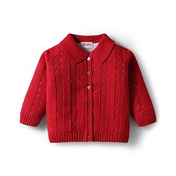 Babyhug Knit Full Sleeves Front Open Sweater Set with Schiffli Design - Red