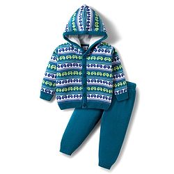 Babyhug Knitted Full Sleeves Hooded Sweater Set With Car Design - Teal Blue