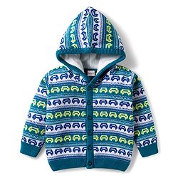 Babyhug Knitted Full Sleeves Hooded Sweater Set With Car Design - Teal Blue