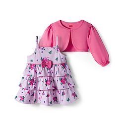 Babyhug Cotton Knit Full Sleeves Floral Printed Frock With Shrug & Bow Applique - Pink