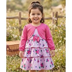 Babyhug Cotton Knit Full Sleeves Floral Printed Frock With Shrug & Bow Applique - Pink