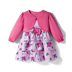 Babyhug Cotton Knit Full Sleeves Floral Printed Frock With Shrug & Bow Applique - Pink