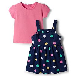Babyhug Cotton Knit Half Sleeves T-Shirt with Bobby Print Frock  - Pink & Navy