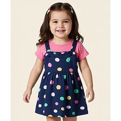 Babyhug Cotton Knit Half Sleeves T-Shirt with Bobby Print Frock  - Pink & Navy