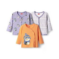Babyhug 100% Cotton Front Open Full Sleeves Jhablas With Floral & Penguin Print Pack Of 3 - Lilac White & Orange