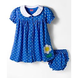 Babyhug Single Jersey knit Half Sleeves Frock With Bloomers & Polka Dot Print - Royal Blue