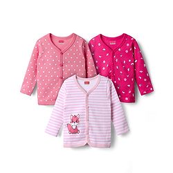 Babyhug 100% Cotton Interlock Knit Full Sleeves Front Open Jhablas With Floral & Polka Dots Print Pack Of 3 - Pink & Dark Pink