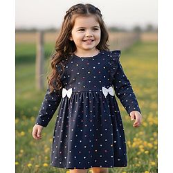 Babyhug Single Jersey Knit Full Sleeves Frocks With Bloomer & Heart Print - Navy Blue