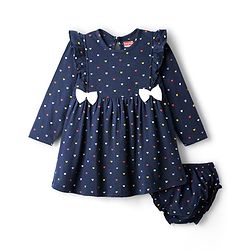 Babyhug Single Jersey Knit Full Sleeves Frocks With Bloomer & Heart Print - Navy Blue
