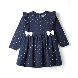 Babyhug Single Jersey Knit Full Sleeves Frocks With Bloomer & Heart Print - Navy Blue