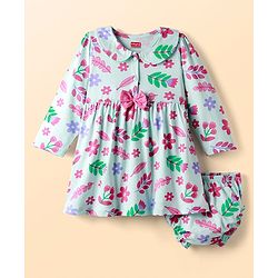 Babyhug Single Jersey Knit Full Sleeves Floral Printed Frock With Bloomers & Bow Applique - Light Blue