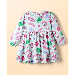 Babyhug Single Jersey Knit Full Sleeves Floral Printed Frock With Bloomers & Bow Applique - Light Blue