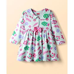 Babyhug Single Jersey Knit Full Sleeves Floral Printed Frock With Bloomers & Bow Applique - Light Blue