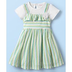 Babyhug Cotton Knit Striped Frock & Half Sleeves Inner Tee With Floral Applique - Green & White