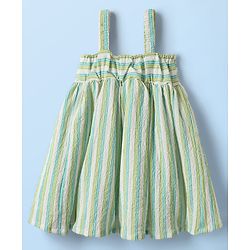 Babyhug Cotton Knit Striped Frock & Half Sleeves Inner Tee With Floral Applique - Green & White