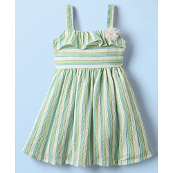 Babyhug Cotton Knit Striped Frock & Half Sleeves Inner Tee With Floral Applique - Green & White