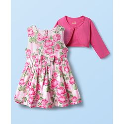 Babyhug Cotton Knit Frock & Full Sleeves Shrug With Floral Print & Bow Applique - Light Pink