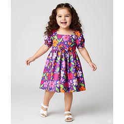 Babyhug Cotton Knit Puffed Sleeves Frock with Floral Print - Purple & Pink