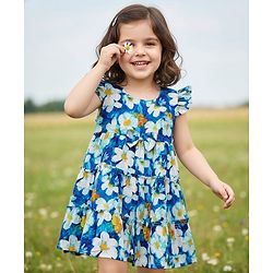 Babyhug 100% Cotton Sleeveless Floral Printed Tiered Dress - Blue