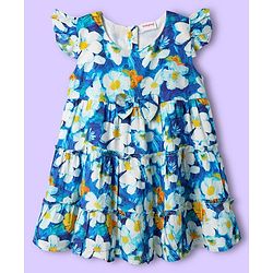 Babyhug 100% Cotton Sleeveless Floral Printed Tiered Dress - Blue