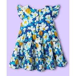 Babyhug 100% Cotton Sleeveless Floral Printed Tiered Dress - Blue